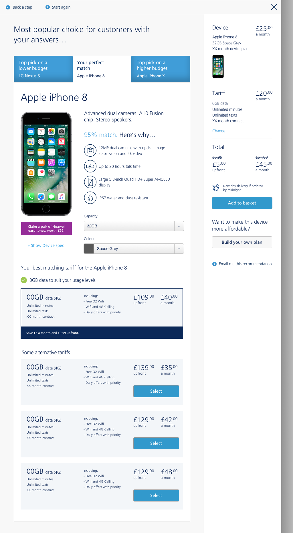 O2 online recommendation screen