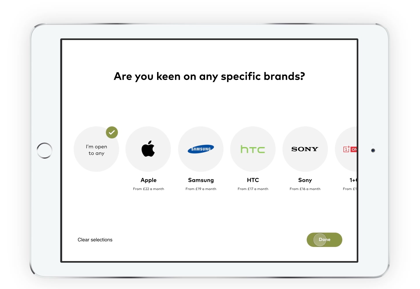 Brand carousel selection UI