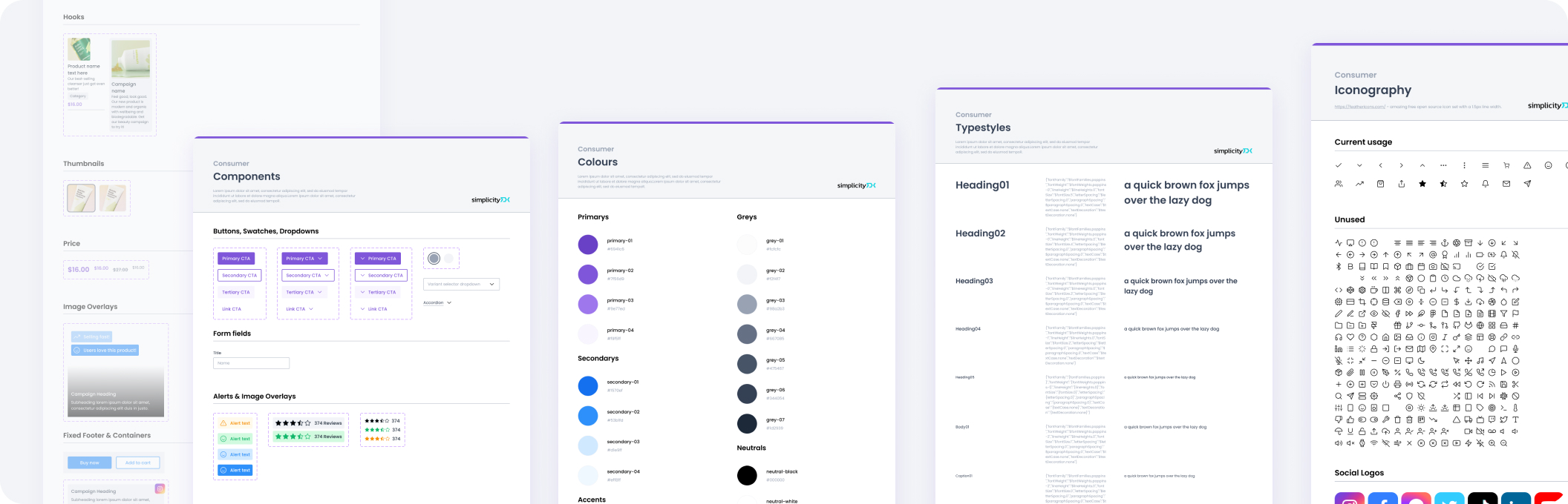 SimplicityDX consumer component library — colours, components, typestyles, icons